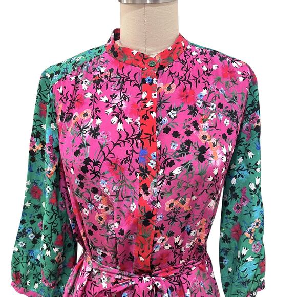 SALONI Tyra Printed Silk Shirt Dress US 4  Meadow Green Pink - Picture 6 of 11